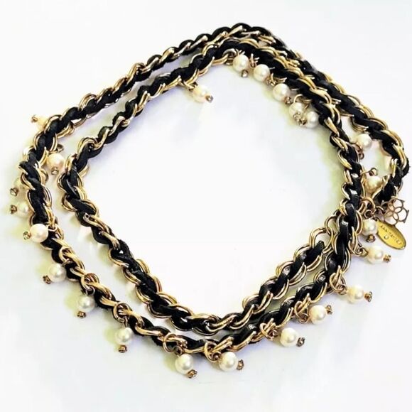 Ann Taylor Goldtone Chain Black Cord & Faux Pearl Necklace 29" - Picture 3 of 5